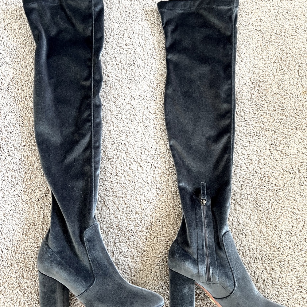 AQUAZZURA Sage Grey Over the Knee Stretch Velvet Boots IT 39 US 9